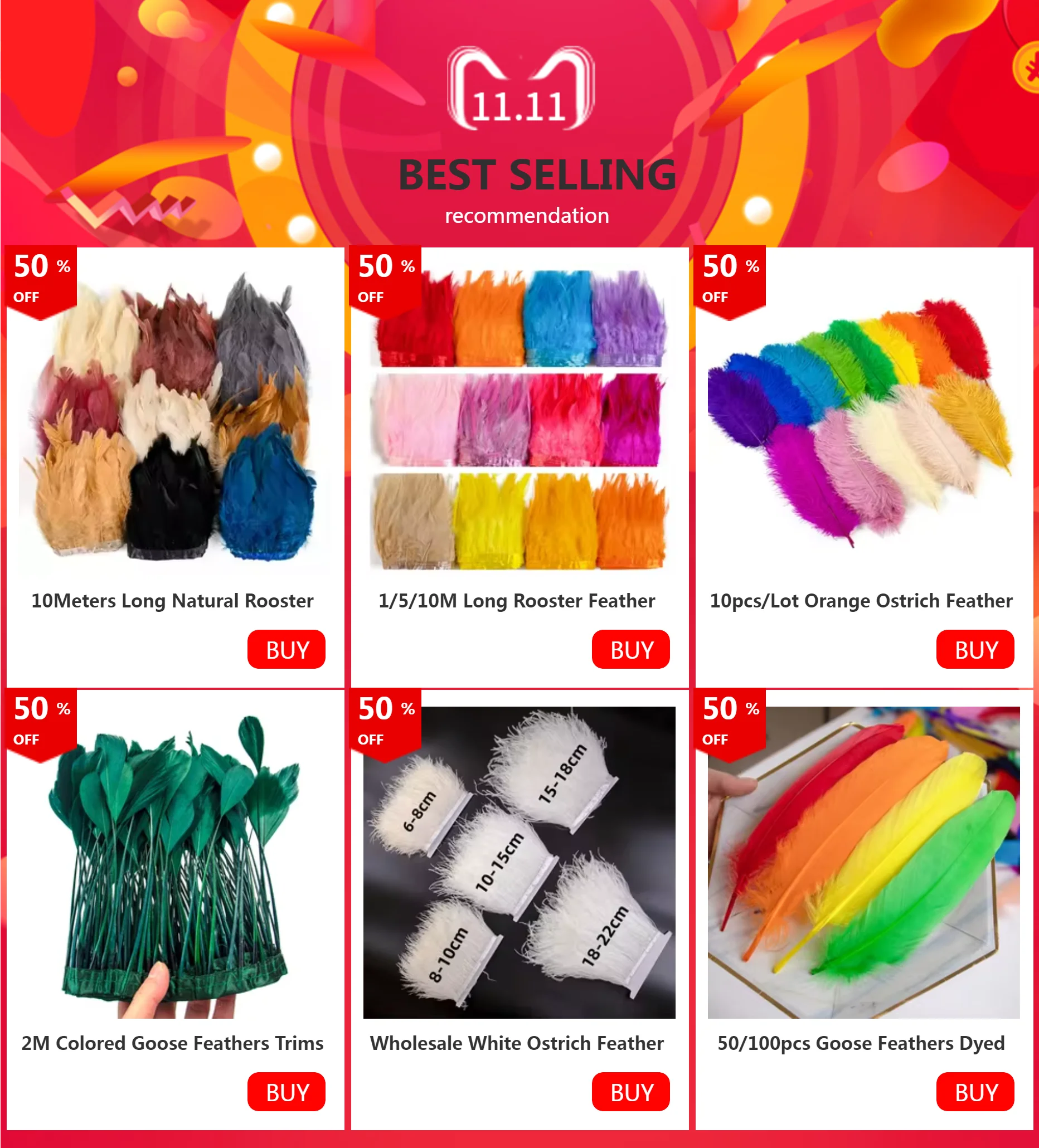 Description Picture 2 of itemDyed Ostrich Feather Trim Ribbon Fringe 6-8CM Wedding  Decoration Fluffy Feathers Dress Sewing Clothing 1/5/10METER  Plume Decor