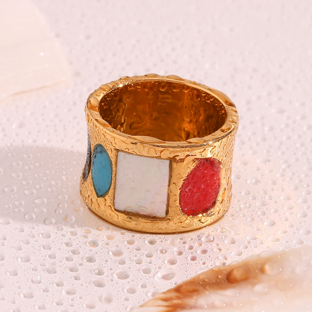 Y2K Colored Geometry Natural Stone Turquoise Ring 13.8mm Width 18K