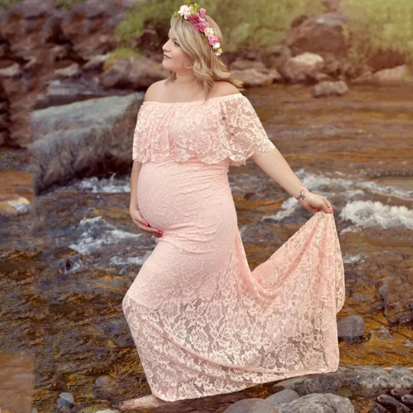 

Maternity Trailing Dresses Sexy Lace Bare Shoulders Summer Pregnancy Maxi Gown Pregnant Women Photography Props Shoot Clothing
