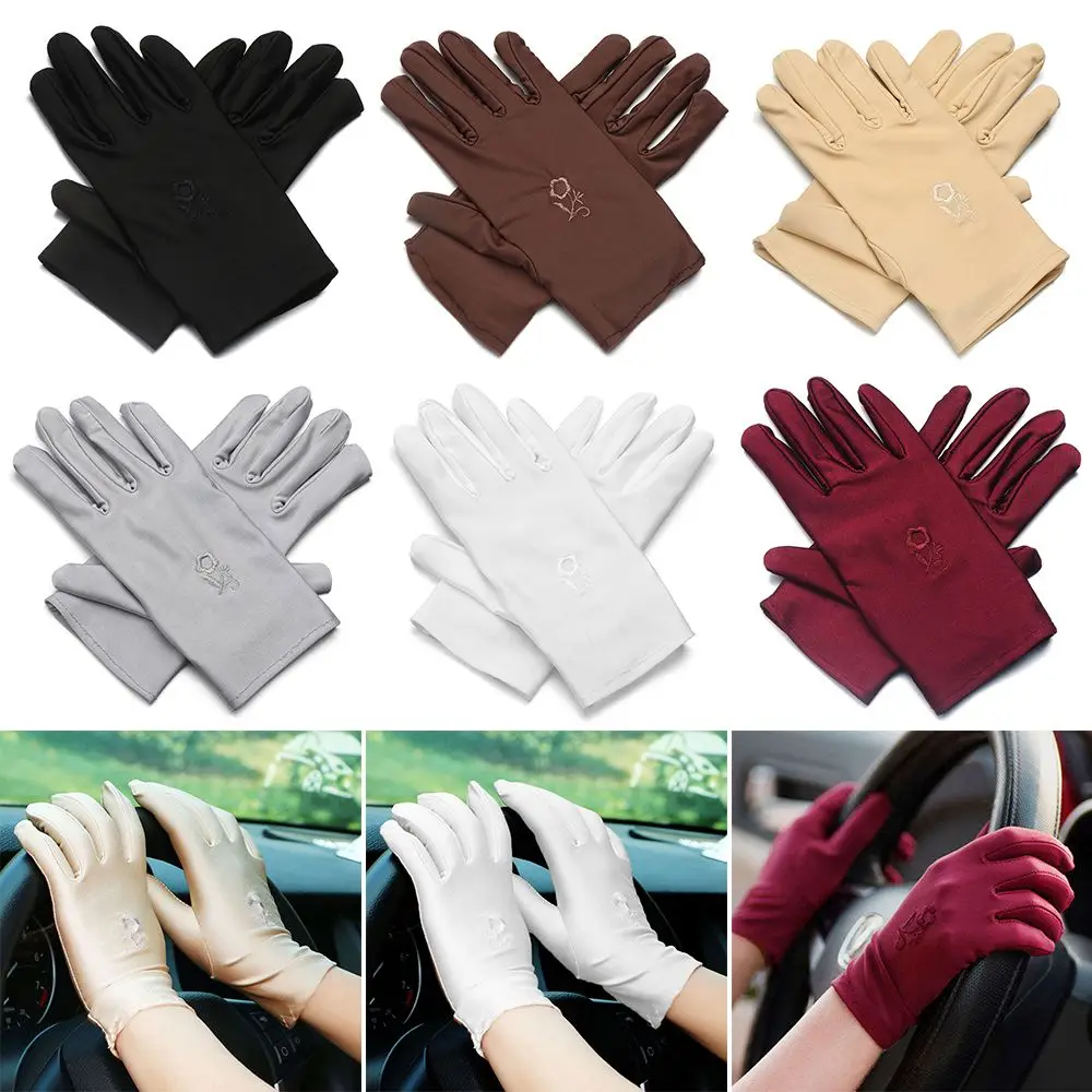 

1 pair Women Elastic Embroidered Thin Sun Protection Gloves Sunscreen Mittens Driving Gloves Summer Mitten