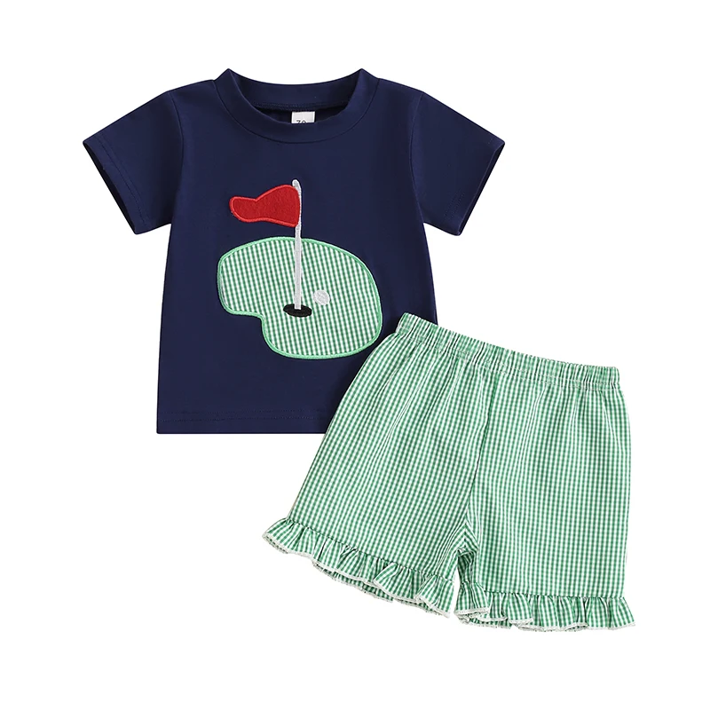 Little Girls Summer 2PCS Sets Short Sleeve Golf Embroidery Tops Striped Shorts Sets