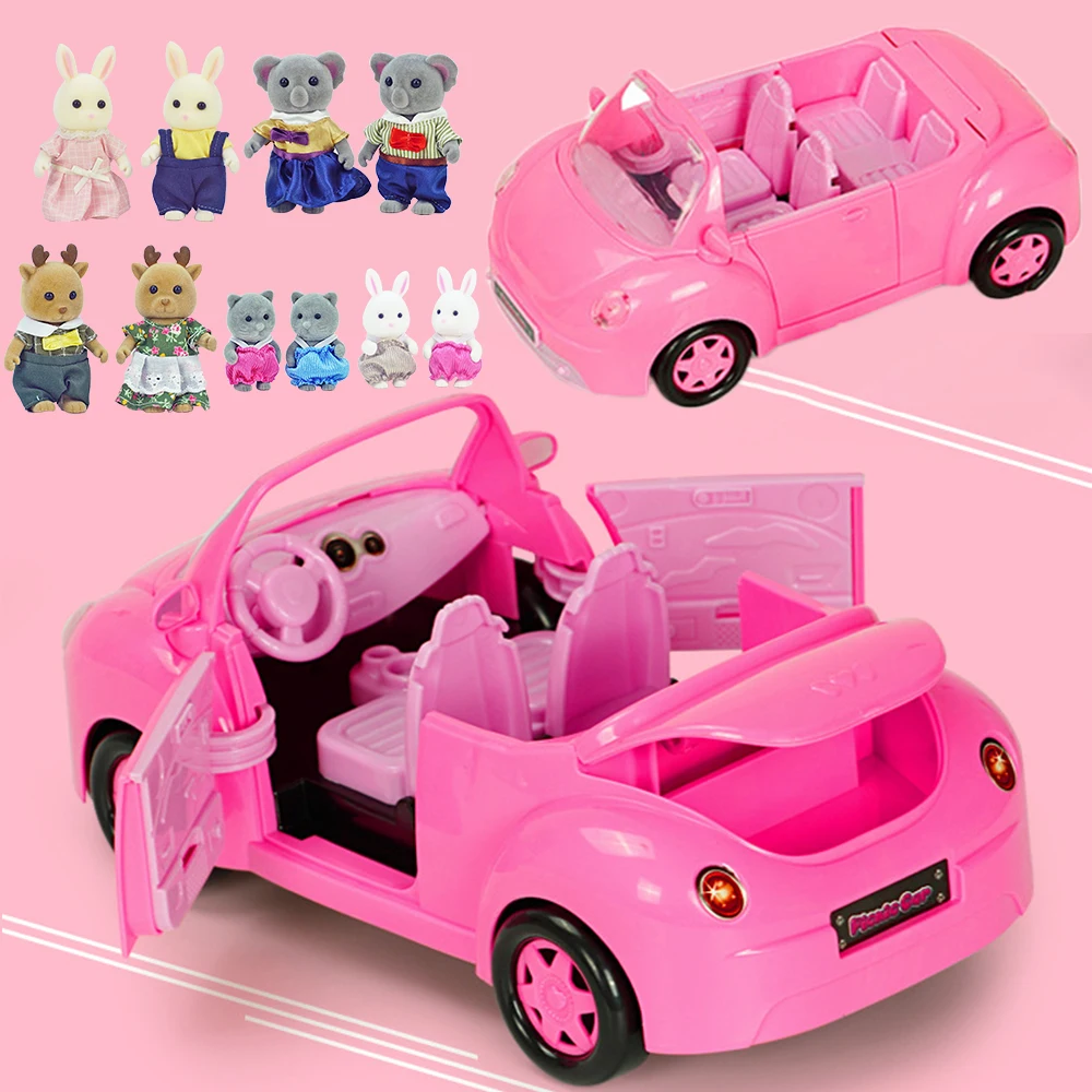 Forest Animal Family 1:12 Dollhouse Red Car Elephant Action Figure Furniture Autobus Pretend Play House Toy Girl Birthday Gift 4
