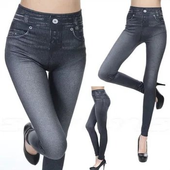 1pcs Women's Denim Print Leggings Females Fashion Slim Leggings Faux Jeans Leggings Lady Stretch Printed Tights Black Blue Pants 1