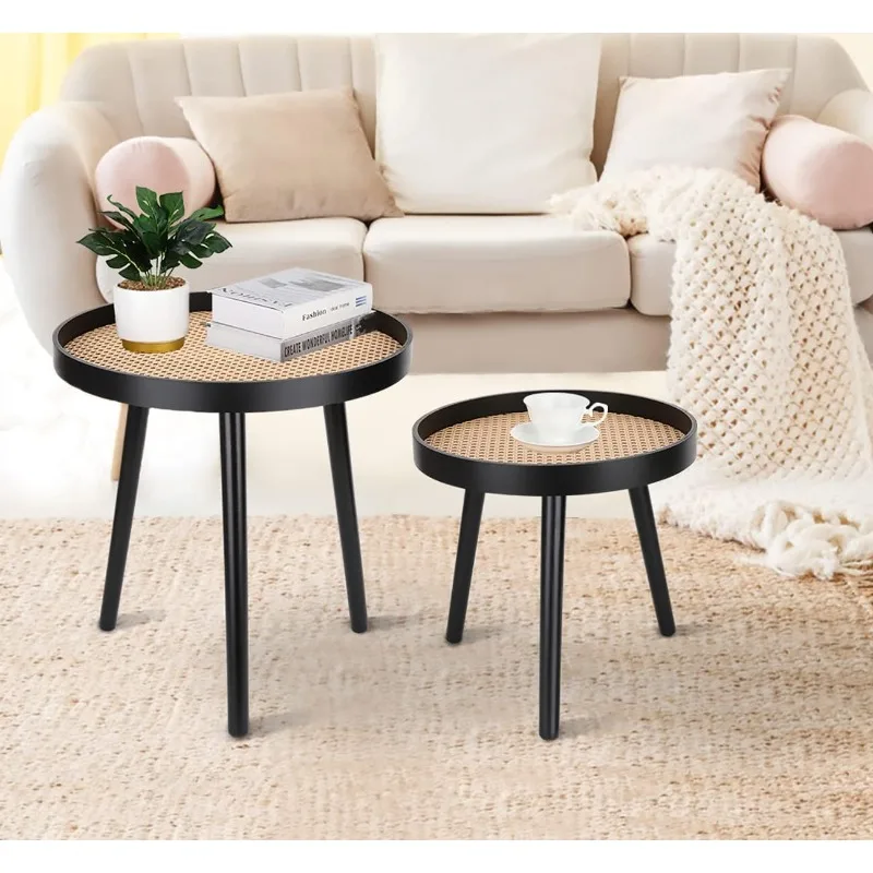 Rattan Round Side Table, Black Small End Table, Accent Table, Modern Boho Bedside, Mid-Century Patio Side 2