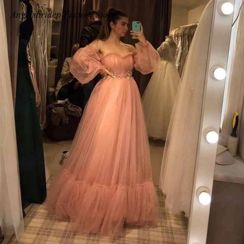 

ANGELSBRIDEP Blush Pink Prom Dresses A Line Long Sleeve Tiered Tulle Special Occasion Girl Wedding Party Dress Robes De Soirée