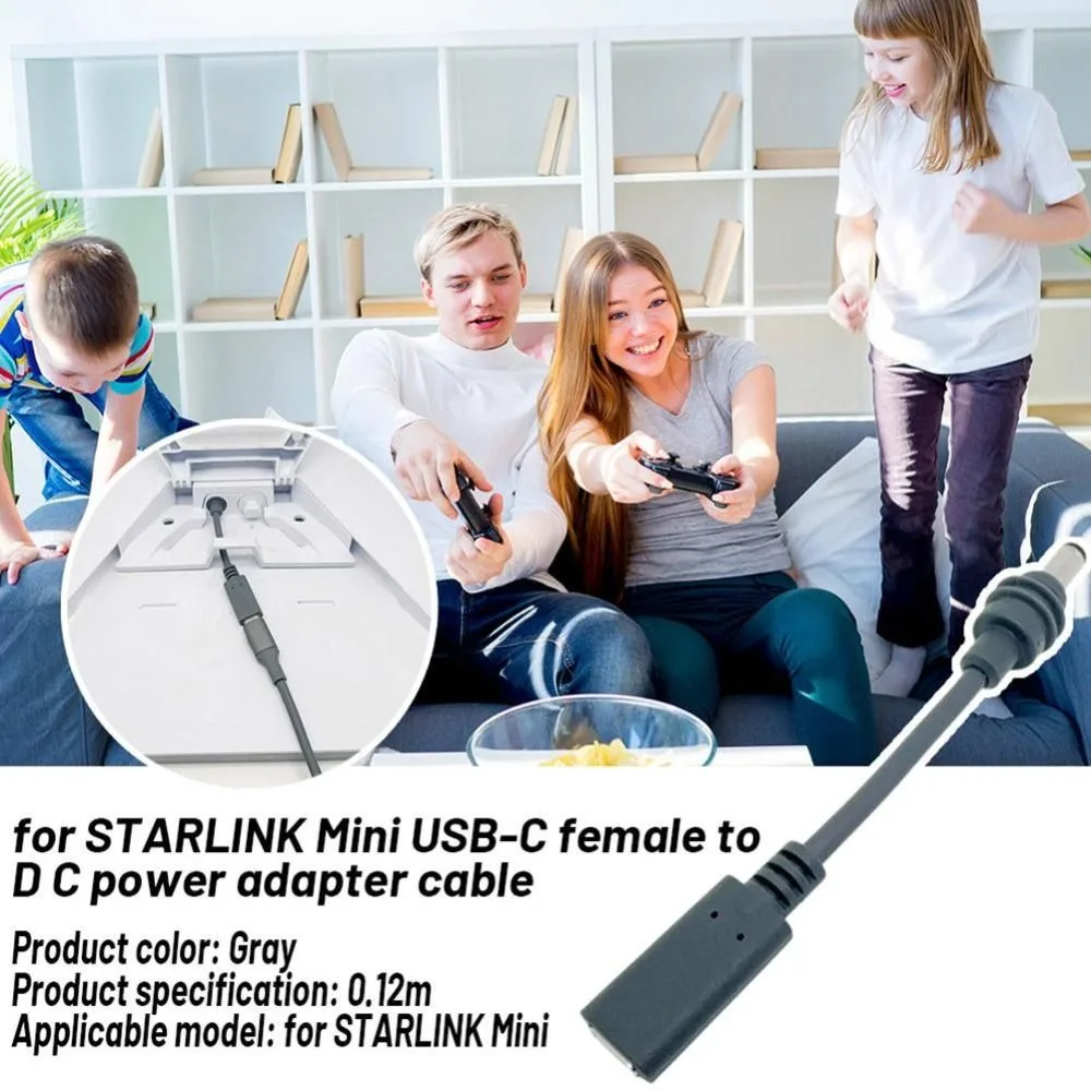 USB-C Female To DC Power Adapter Cable Weatherproof 0.12m Cable DC Plug Grey PVC Converter for Starlink Mini Outdoor