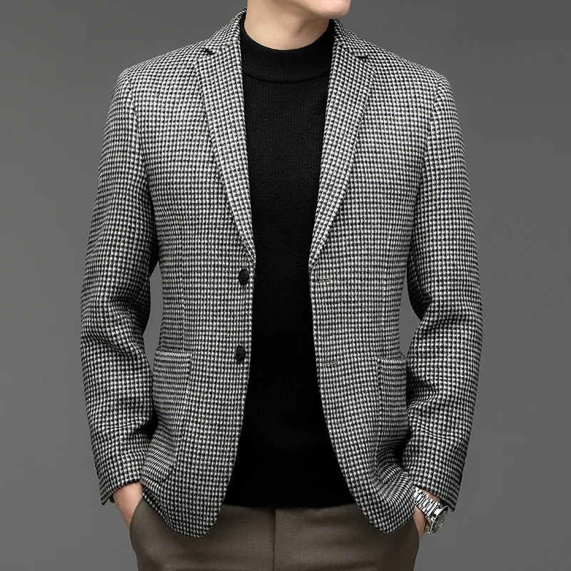 

England Style Men Plaid Sheep Wool Blazers Warm Soft Cashmere Blended Jacket Suit Male Elegant Houndstooth Outfits Attire 2023