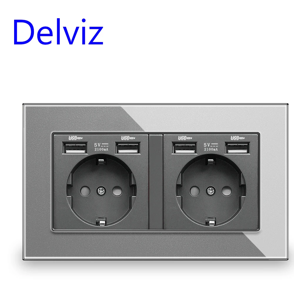 Delviz EU Standard wall socket, Tempered grey crystal glass panel,AC 110V~250V 146mm*86mm, 16A Power Wall Embedded Double Outlet
