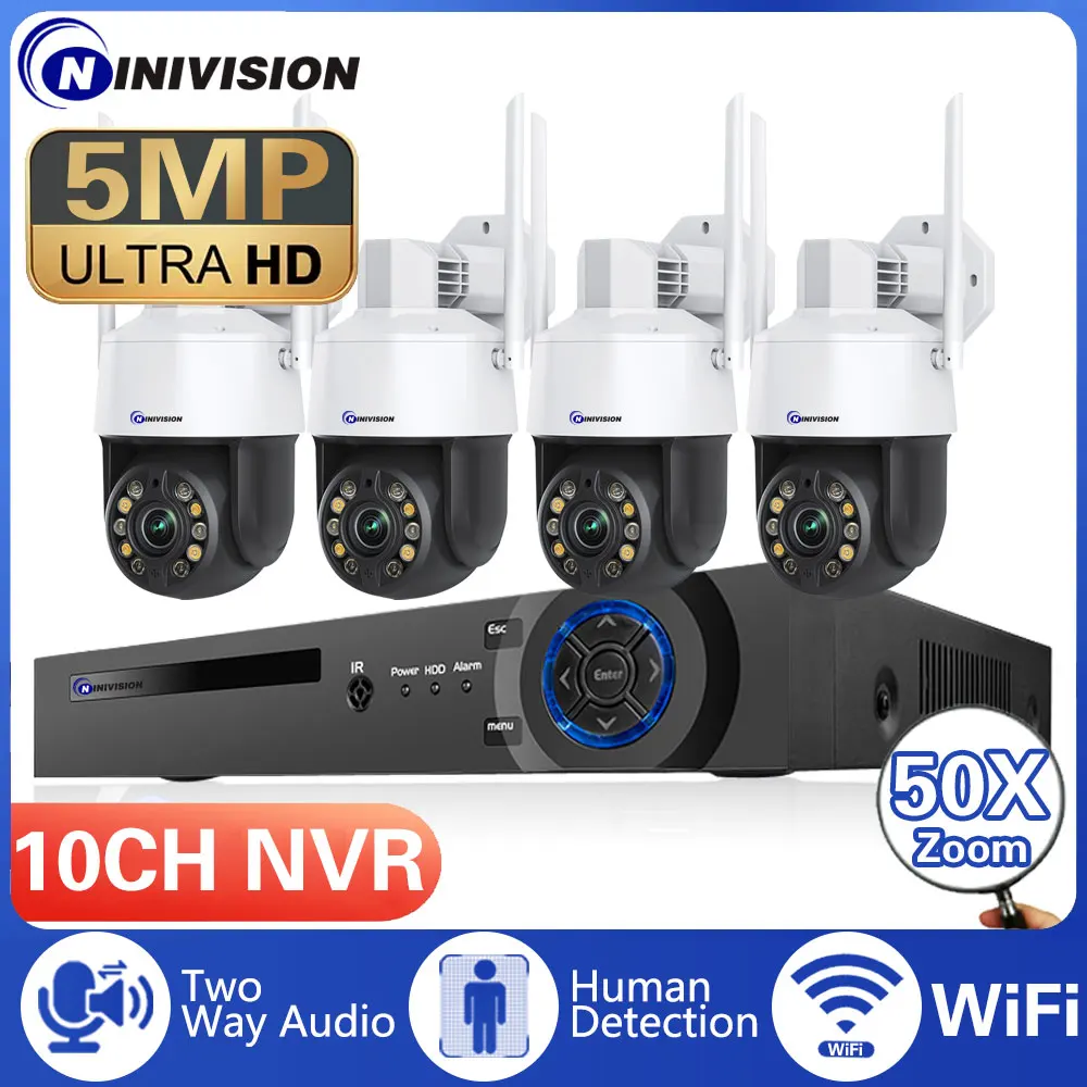 

HD 5MP 50X Optical PTZ Zoom WIFI PTZ Security Audio Camera Waterproof 10CH POE NVR Kit H.265+ Wireless Video Surveillance System