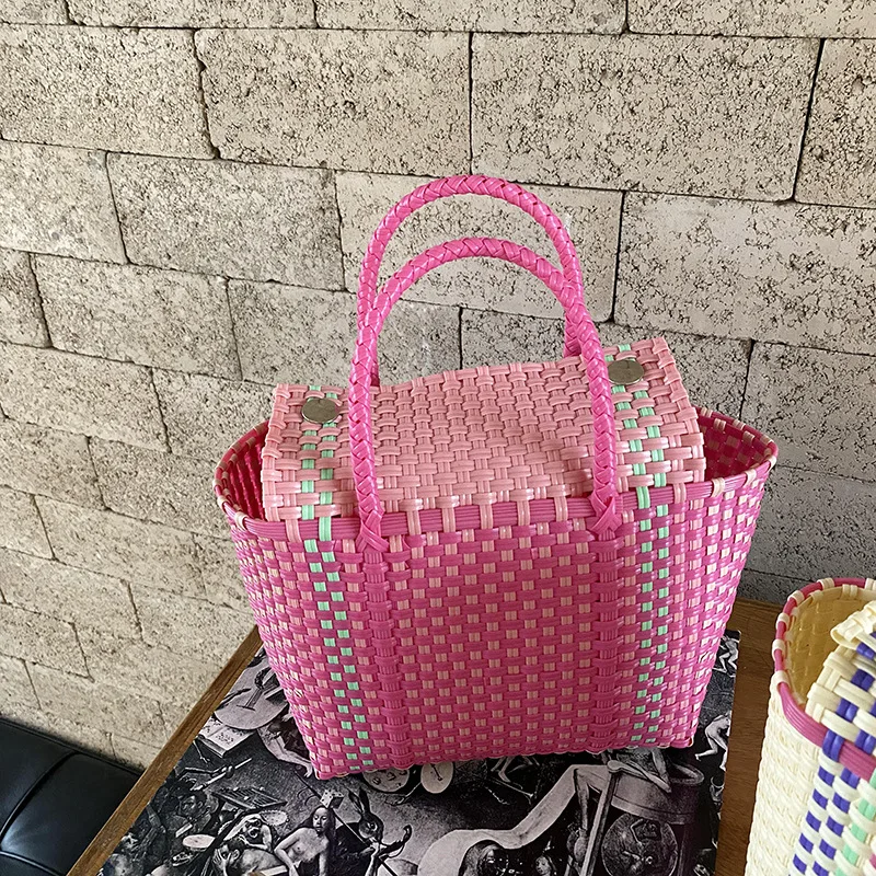 2023 New Women's Woven Handheld Vegetable Basket Mother's Bag Vertical Style Beach Holiday Waterproof Handbags