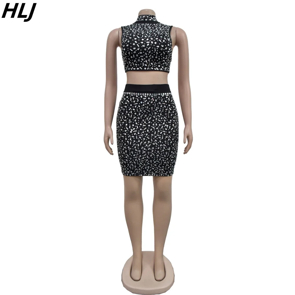 HLJ Fashion Luxury Rhinestones Backless Hollow Two Piece Sets Women Round Neck Sleeveless Crop Top And Skirts Party Club Outfits