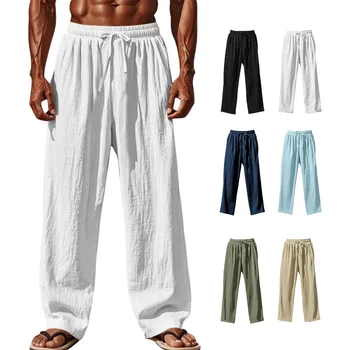 2025 New Men's Cotton and Linen Casual Pants Simple and Comfortable Straight Leg Pants Waist Drawstring Plus Size Looser 1