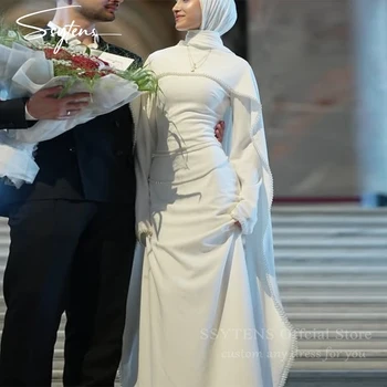 SSYTENS Abiti da Sposa Musulmani Modesti Personalizzati, Abito a Sirena Avorio con Perle, Caftano Nuziale Lungo, Vestito da Sposa