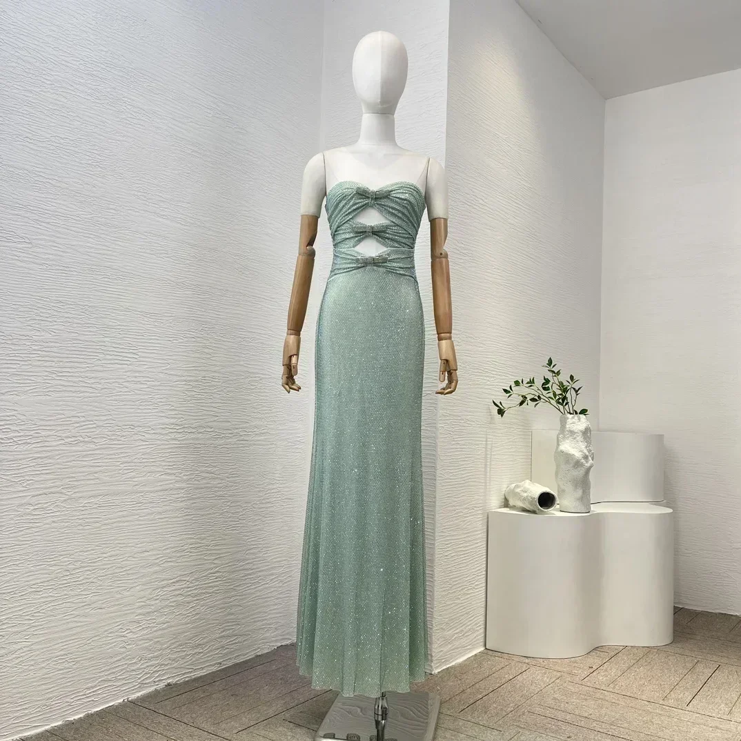 

Latest Top Quality Diamonds Strapless Cut Out Folds Luxury Graceful Women Clothes for Party Green Long Dress