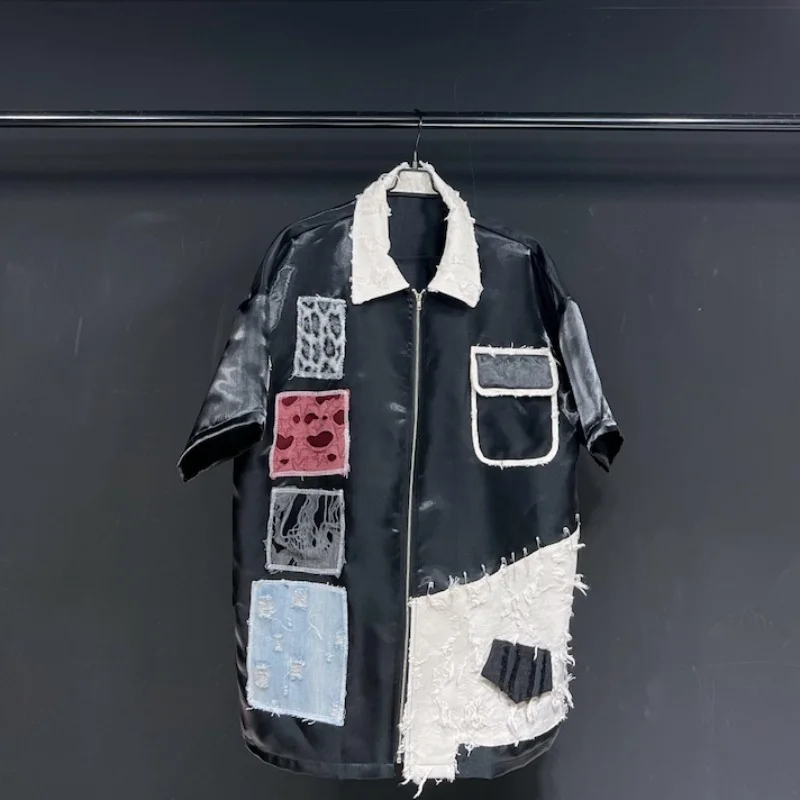 

Original Design Casual Short-Sleeved Shirt Men's Summer Thin Color Matching Patch Design Sense Distressed Shirt Trendy Loose