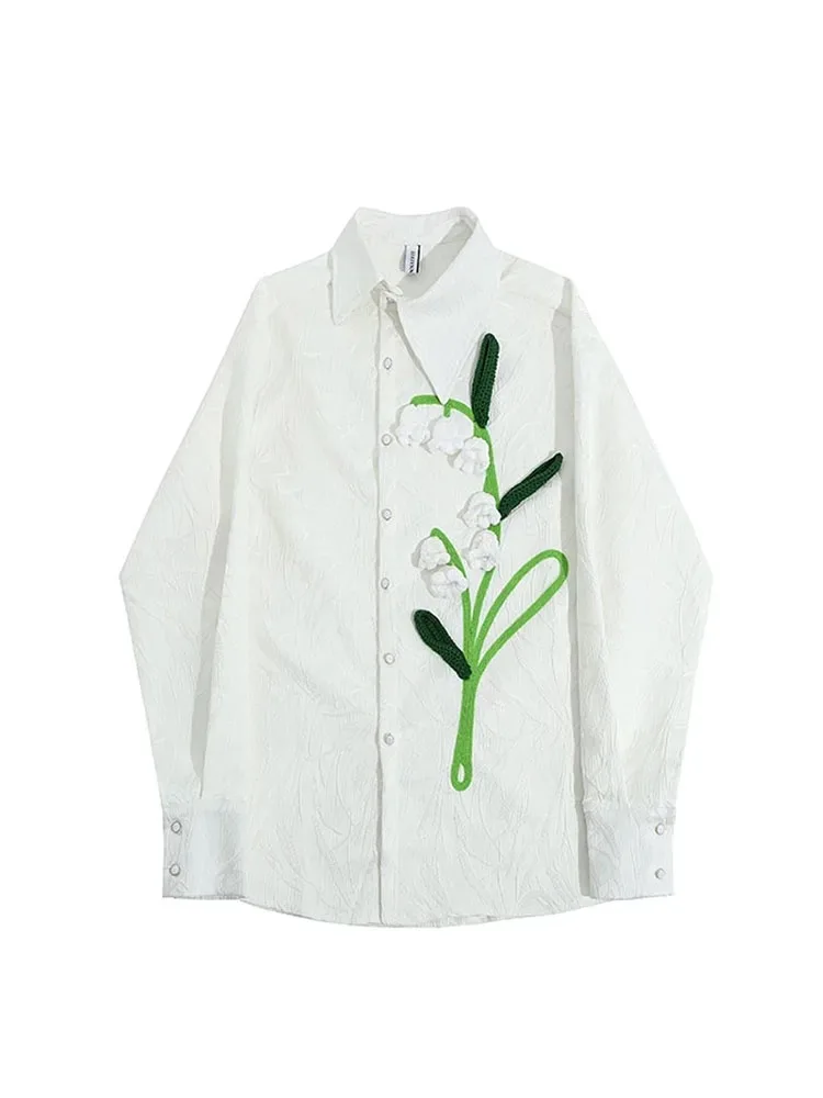 

3D Flower Spliced Contrast Shirt For Women Long Sleeve Loose Turn-down Collar Blouses Top 2023 Spring Autumn New Blusas M662