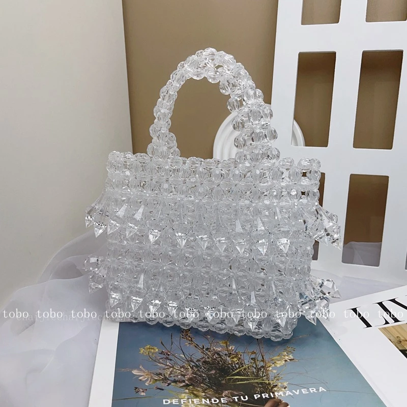 

Niche Travel Beach Crystal Pendant Transparent Acrylic Beaded Woven Handbags Designer Luxury Small Totes for Women