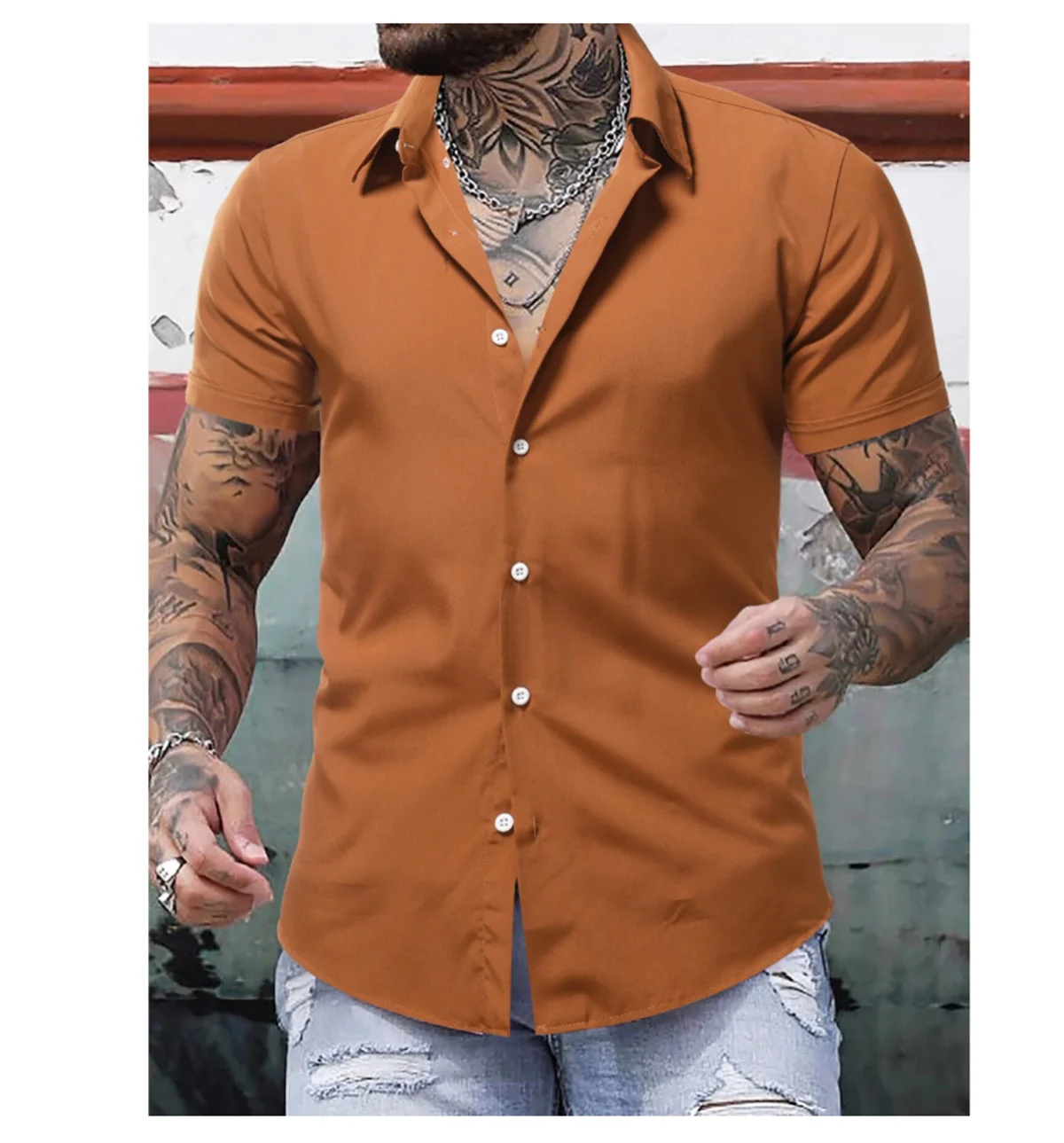 Men's Hawaiian shirt solid color lapel short sleeved shirt summer vacation casual men's street comfortable soft clothing