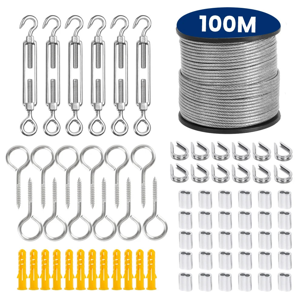 SGYM 73PCS/Set 100 Meter Steel PVC Coated Flexible Wire Rope Soft Cable Transparent Stainless Steel Clothesline Diameter 2mm Kit stainless steel wire rope,stainless steel cable rope