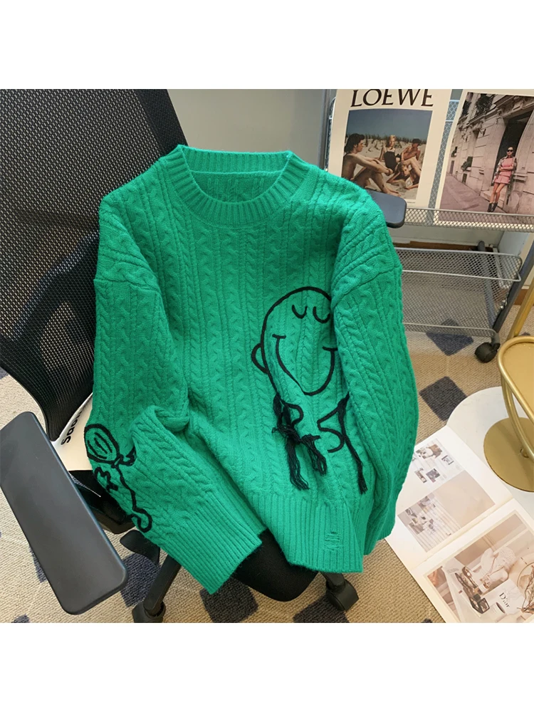 

Women Green Pullover Knitted Sweater Vintage Harajuku Korean Fashion Y2k 90s Aesthetic Long Sleeve Graphic Sweaters Top Clothes