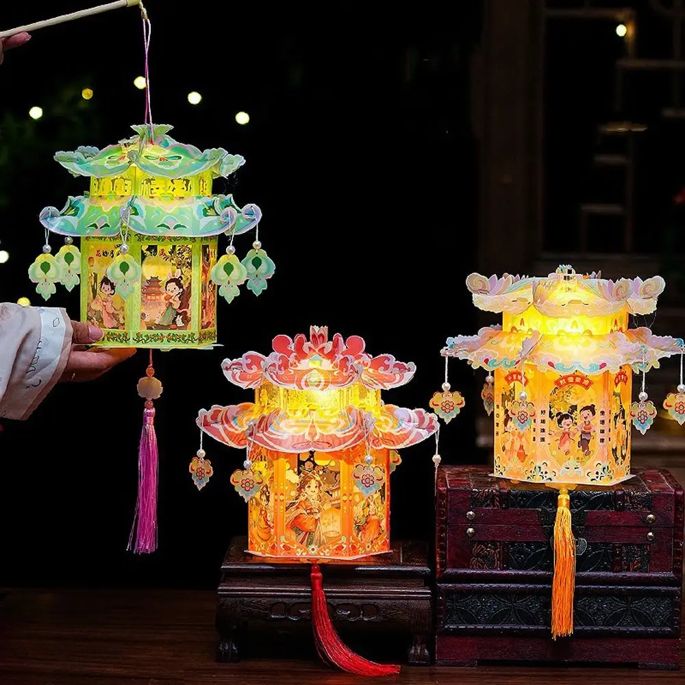 Chinese Style Mid-Autumn Festival Lantern Glowing Handmade Bunny Lantern Kit Blessing Words PVC Handheld Lantern Kindergarten