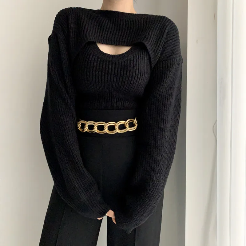 Autumn and Winter New Fashion Women's Clothing Two-piece Set Elegant Long-sleeved Sweater Sexy Vest Lady's Knitted Pullovers