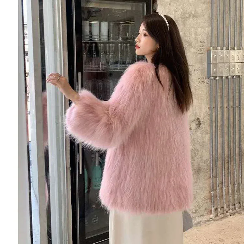 Imitation Autumn And Winter Western Style New Fox Hair Imitation Young Fur Coat Women's Slim Fit Mid Length Mesh Red Fur Coat