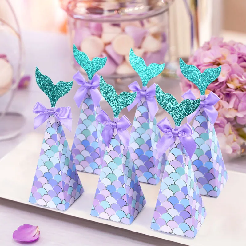 10Pcs Mermaid Tail Paper Candy Box Gift Bags Popcorn Boxes Kids Little Mermaid Birthday Party Decoration Baby Shower Supplies