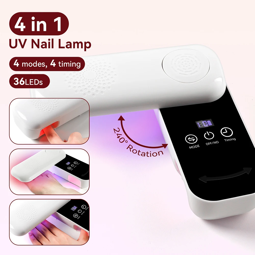 4 in 1 회전식 미니 UV LED 네일 램프, 휴대용 젤 네일 건조기, 4가지 타이머 설정, 가정 및 여행용 매니큐어