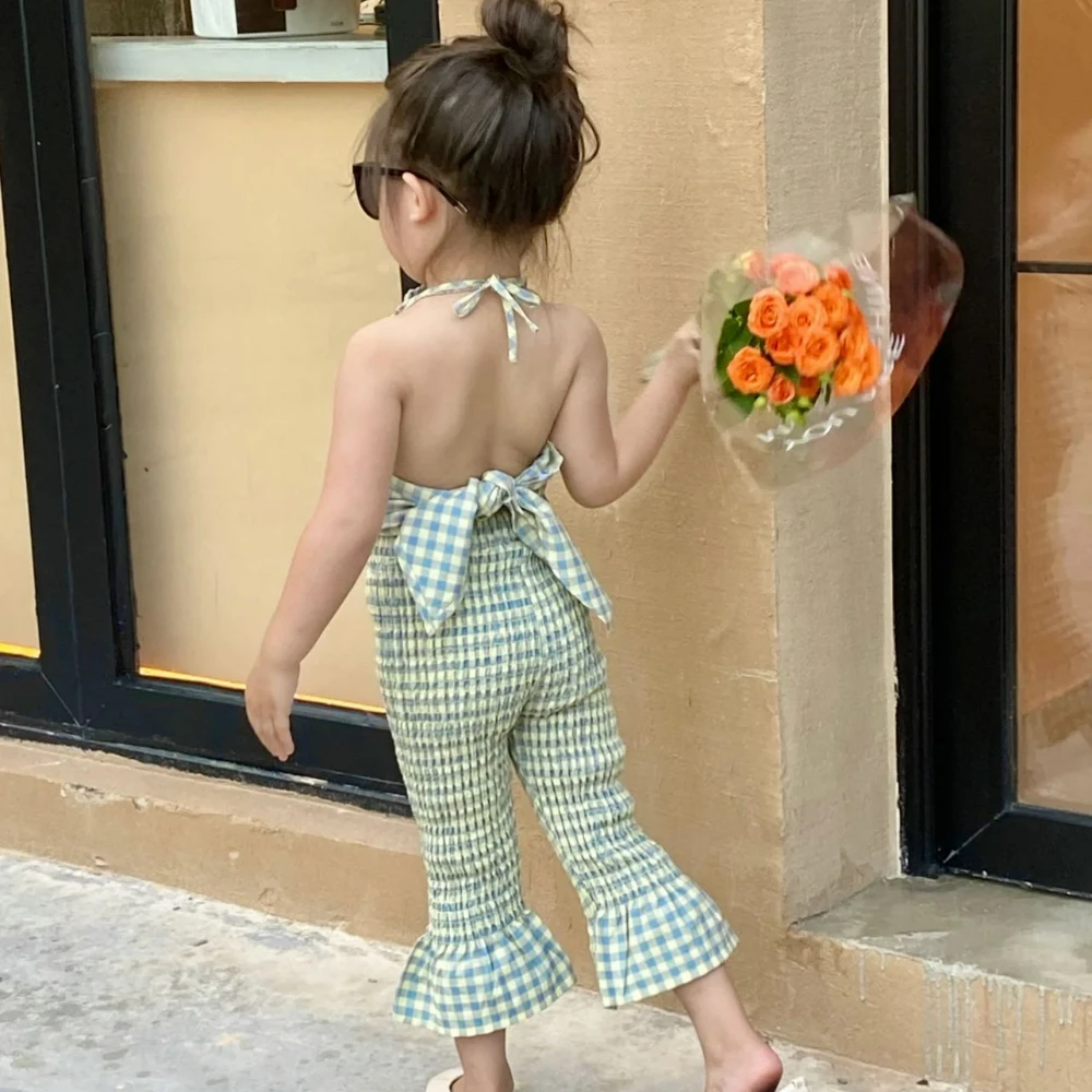 

2023 Summer New Korean Girls' Clothes Set Sleeveless Backless Top + Flared Pants Green Plaid 2piece Suit Baby Girl Set
