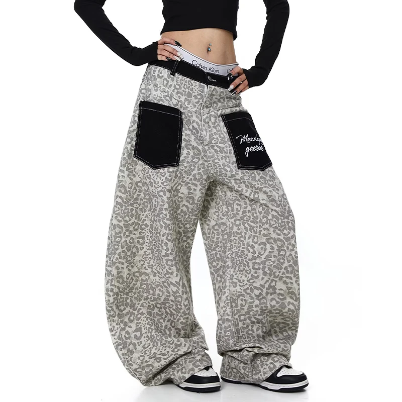  American Design 2026 Spring Summer Leopard Print Denim Pants Women Loose Sexy Slimming Knife Floor-Length Casual Trousers 2