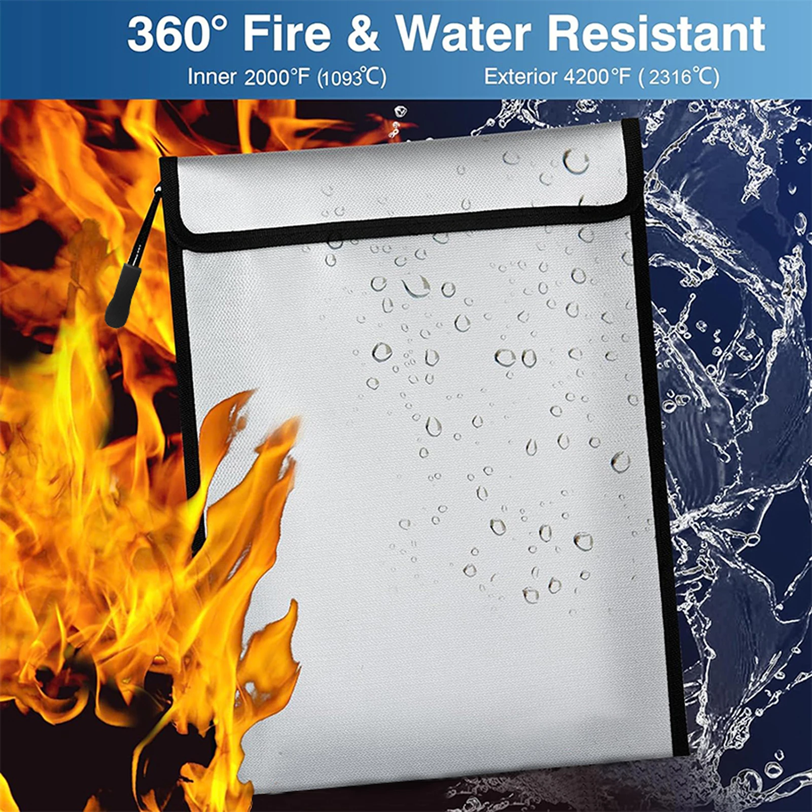 3 Pack Safe Upgraded Zipper Bags Fireproof Waterproof Money Document Bag Files Cards Passport Valuables Storage Pouch Home