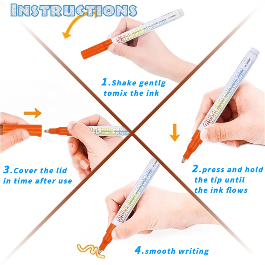 Stylos De Contour Double Ligne, 12 Couleurs Métalliques étanches à