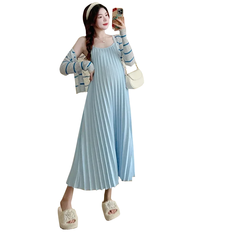 Spring Elegant Maternity Dress Suits Fashion Striped Knitted Shirts Strap Pleated Dress Twinset Pregnant Woman Beach