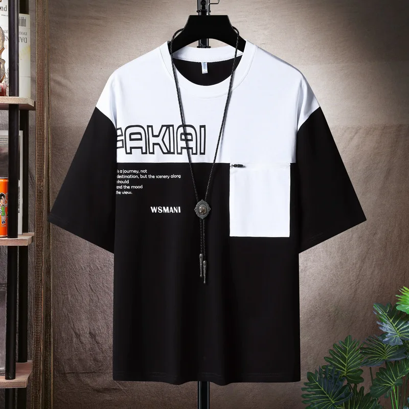 

Plus size men's summer new splicing short-sleeved Hong Kong style loose O neck hundred with 100% cotton half-sleeve tops 8XL 9XL