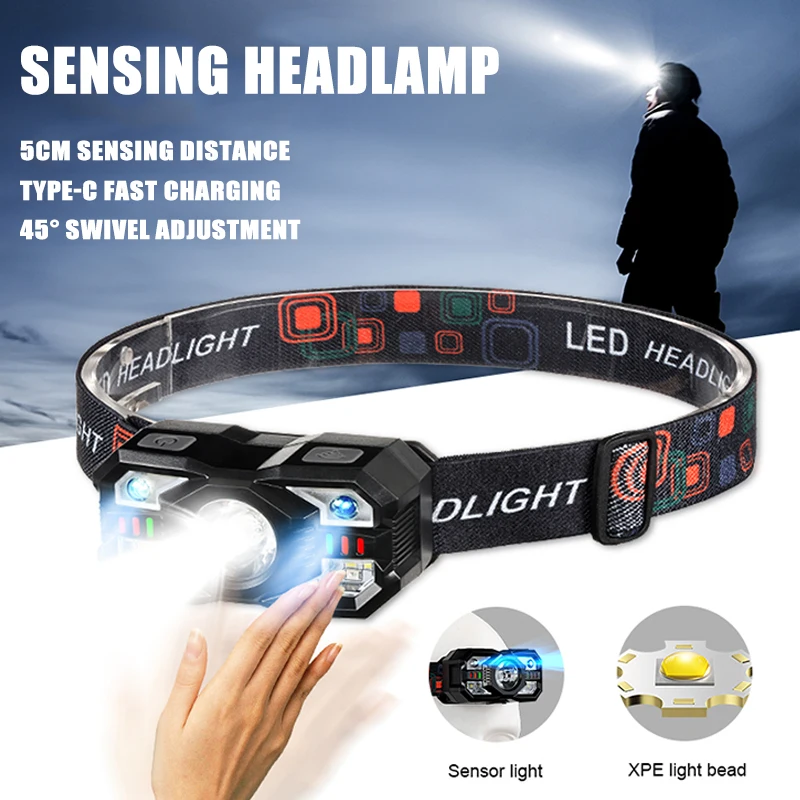 Intelligent Induction LED Headlights Type-c Rechargeable Dual Light Source Headlight Outdoor Exploration Head Mounted Flashlight