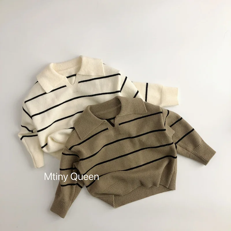 Autumn New Girls Large Lapel Knit Sweater Vintage Children Casual Striped Sweater Winter Warm Baby Knitwear Kids Clothes