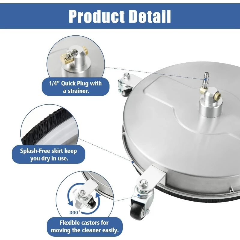 17" Pressure Washer Surface Cleaner with 4 Wheels, 1/4" Quick Plug, 2 Extension Wands, 2 Replacement