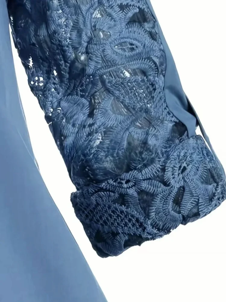 Women Casual Ladies Solid Color Turn-down Collar Lapel Long Sleeve Lace Stitching Hollow out Top Shirts DF5001