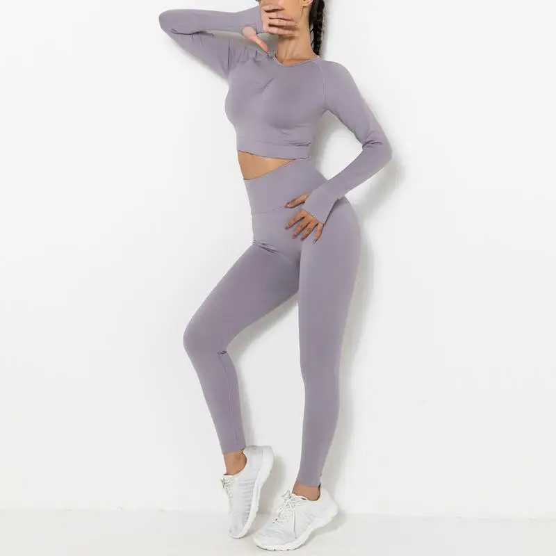 

K 2022 New Seamless Knitted Peach Solid Hip Upset Long Sleeve Yoga Set Sports Running Fitness Suit Women