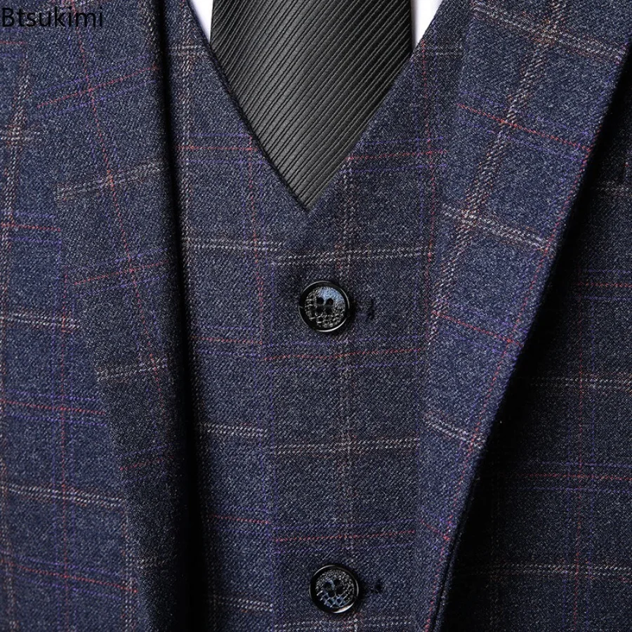 New Men's Three-pieces Fashion Plaid Slim Business Party Formal Elegant Blazer Sets (Jacket+Pants+Vest) Prom Wedding Groom