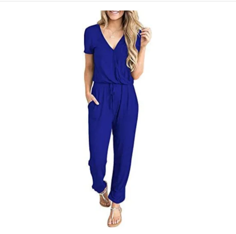 Women Sexy V Neck Cotton Bodysuit Short Sleeve 2023 Summer Autumn Clothing Wear Sexy Slim Long Cotton Bodycon Bandage Jumpsuit
