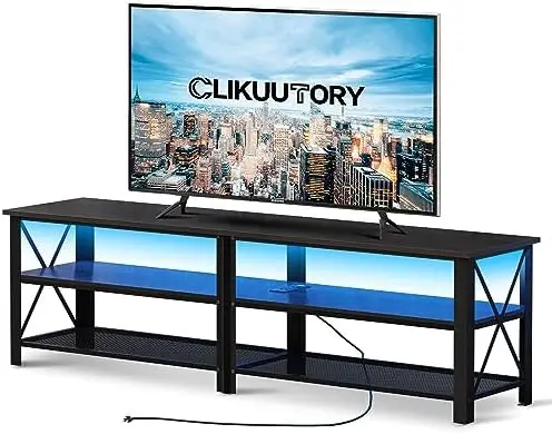 

Black 71 inch TV Stand with LED Lights and Power Outlets for 50 55 60 65 70 75 80 Inch TVs, 3 Tier Wood TV Console, Entertainmen