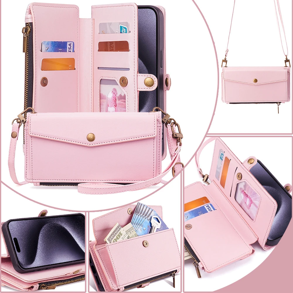 Magnetic Wallet Shoulder Strap Case for iPhone 15 14 13 12 11 Pro Max 15 Plus Leather Card Slots Zipper Pocket Lanyard Cover