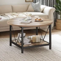 Round Coffee Table with Storage, Rustic Living Room Tables with Sturdy Metal Legs, OAK 2