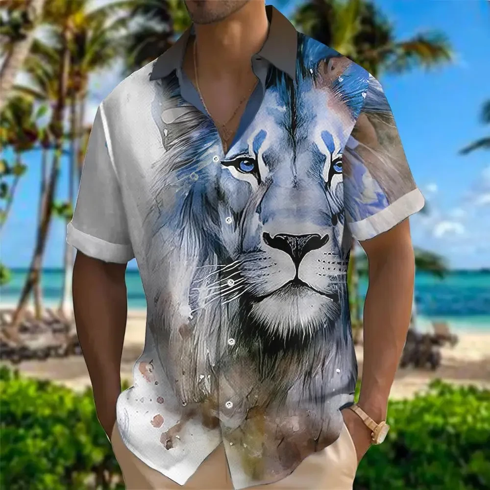 Hawaiian Men's Shirt 3D Animal Print Summer New And Women's Lion Pattern Short Sleeve Loose Large Breathable Top 3