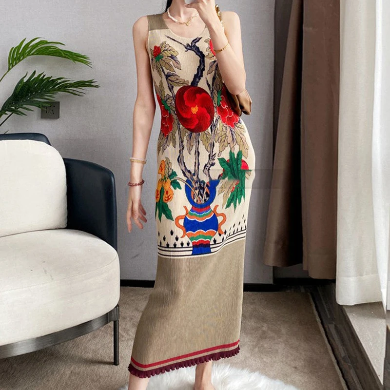 

2023 Summer Minimalist Printed Dress Women's Sleeveless Pleated Tank Top Skirt High end vintage dress