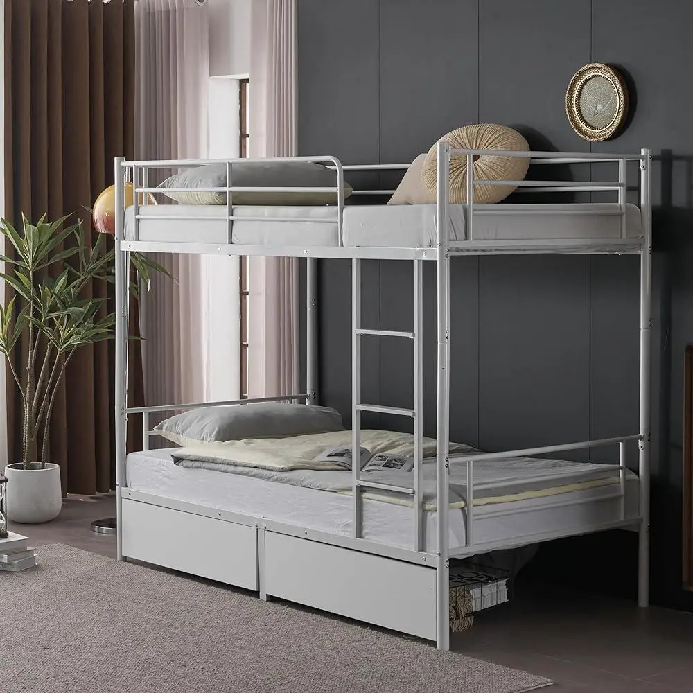White Metal Bunk Bed Twin Over Twin with Storage Drawers Built-in Ladder Safety Guardrail Space Saving Solution Kids Room 2
