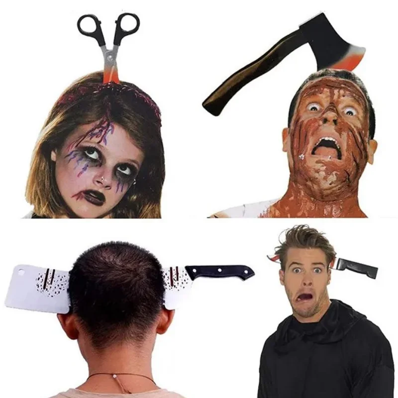 Halloween Party Horror Hair Bands Fake Knife Axe Cleaver Scissor Headbands Through Head Scary Masquerade Costume Photobooth Prop