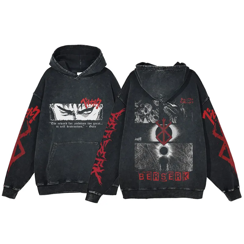 

Berserk Anime Hoodie Men Hip Hop Harajuku Acid Wash Pullover Hooded Sweatshirt Vintage Streetwear Casual Long Sleeve Cotton Tops